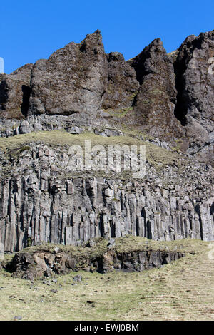 hexagonal basalt volcanic columns rock formations in cliffs near the sea Iceland Stock Photo