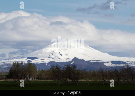 snow capped hekla stratovolcano volcano in southern Iceland Stock Photo