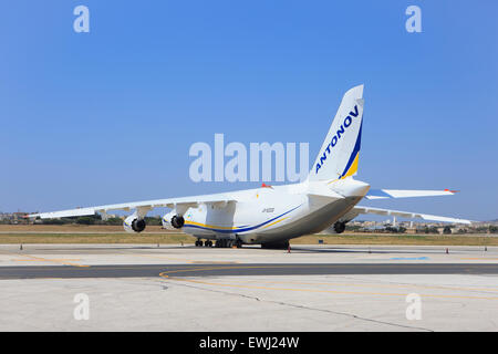 A Ukrainian Antonov An-124 Ruslan (Condor) strategic airlift jet aircraft at the International Airport in Valletta, Malta Stock Photo