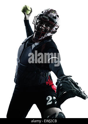 one woman playing softball players in silhouette isolated on white background Stock Photo