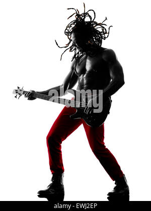 one african man guitarist bassist player playing in studio silhouette isolated on white background Stock Photo