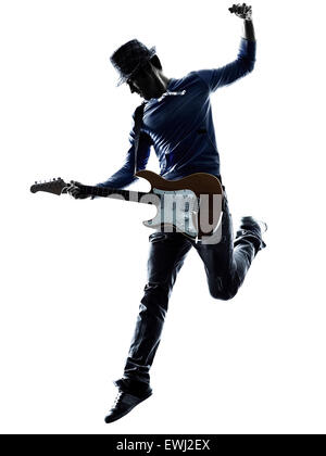 one caucasian man electric guitarist player playing in studio silhouette isolated on white background Stock Photo