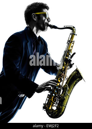 one caucasian man  saxophonist playing saxophone player in studio silhouette isolated on white background Stock Photo