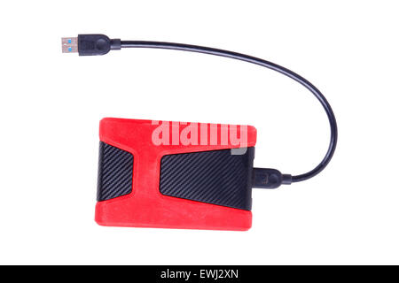 Black red hard drive on white background and USB cable. Stock Photo