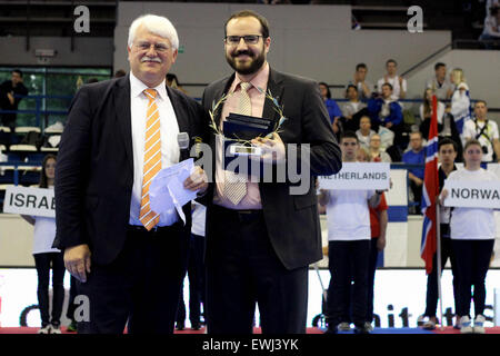 Belgrade, Serbia. 26th June, 2015. Fred Buitenhuis (L), Vice President of the executive board of the European Taekwondo Union, and the president of the board of the Serbian Taekwondo Association Edmund Schramm attend the opening of the 12th European Poomsae Championship 2015 in Belgrade, capital of Serbia, on June 26, 2015. The 12th European Poomsae Championship kicked off here Friday, with some 432 participants from 27 European countries and regions to compete in taekwondo forms in different age categories from June 26 to June 28. © Nemanja Cabric/Xinhua/Alamy Live News Stock Photo