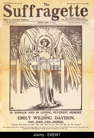 Suffragette magazine gives angelic status to   Emily Davison. Suffragettes were members of women's organization  movements in the late 19th and early 20th century, particularly militants in Great Britain. Only in 1928 suffrage was extended to all women over the age of 21 Stock Photo