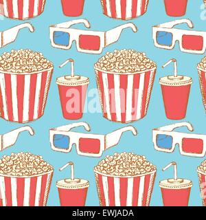 Sketch cinema set in vintage style, vector seamless pattern Stock Vector