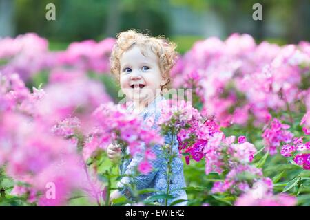 Portrait of a beautiful curly baby girl with blue eyes in a field of pink flowers Stock Photo