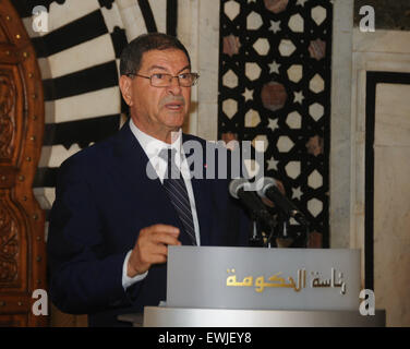 Sousse, Tunisia. 27th June, 2015. Tunisian Prime Minisiter Habib Essid speaks during a press conference in Sousse, Tunisia, June 27, 2015. The death toll rose to 39 and 39 others were wounded in the deadly hotel attack on a tourist hotel in Tunisia's resort district of Sousse, the Tunisian Health Ministry said late Friday. Credit:  Adel Ezzine/Xinhua/Alamy Live News Stock Photo