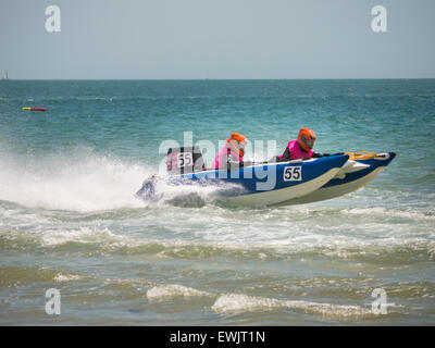 Portsmouth, England, june 27th 2015. An Inflatable  Catamaran races on the Solent during the Thundercat racing series in Southsea, Portsmouth. The ThunderCat series consists of 22 teams, racing powered inflatable catamarans in a variety of locations around the UK and Europe. Credit:  simon evans/Alamy Live News Stock Photo