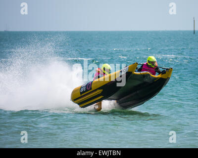 Portsmouth, England, june 27th 2015. An inflatable  Catamaran lifts from the water during the Thundercat racing series in Southsea, Portsmouth. The ThunderCat series consists of 22 teams, racing powered inflatable catamarans in a variety of locations around the UK and Europe. Credit:  simon evans/Alamy Live News Stock Photo