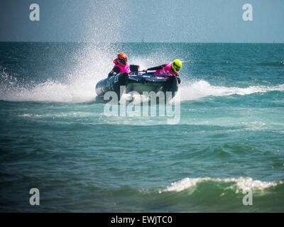 Portsmouth, England, june 27th 2015. An Inflatable  Catamaran races across the Solent during the Thundercat racing series in Southsea, Portsmouth. The ThunderCat series consists of 22 teams, racing powered inflatable catamarans in a variety of locations around the UK and Europe. Credit:  simon evans/Alamy Live News Stock Photo