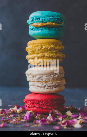 Tower of homemade colorful macaroons,selective focus Stock Photo