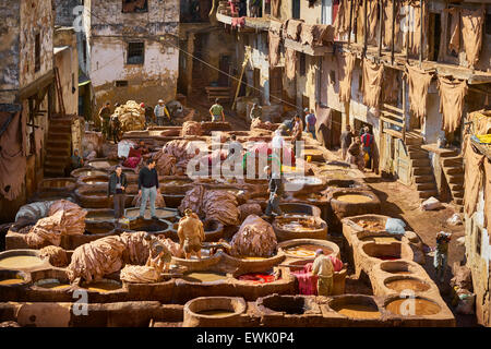 Traditional leather Chouwara Tannery, Fez Medina, Morocco, Africa Stock Photo