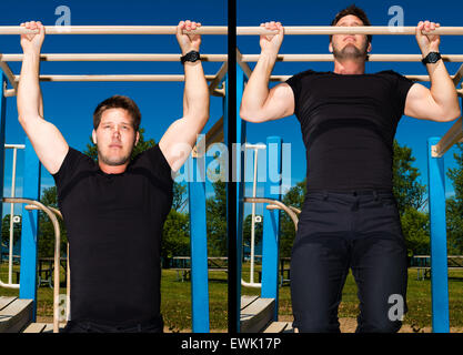 Athletic man doing pull-up exercise on playground equipment. Stock Photo