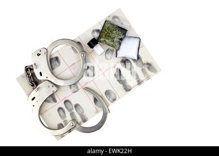 Drug bust arrest with handcuffs, fingerprint ID, and fake sample evidence. Stock Photo