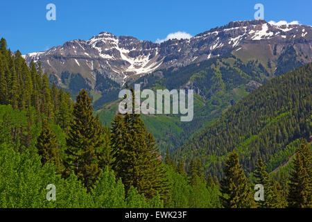 Mountains in snow and forests on hillsides of Telluride, Colorado, USA. Stock Photo