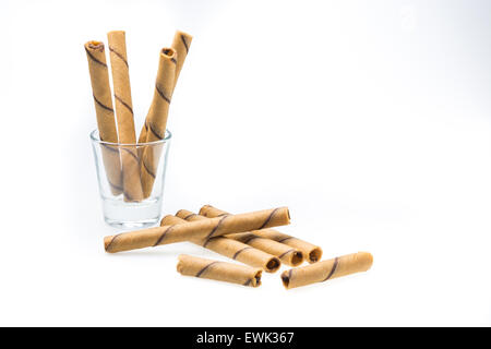 Waffle rolls flavored coffee in glass cups. Stock Photo