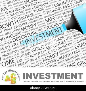 INVESTMENT. Background concept wordcloud illustration. Print concept word cloud. Graphic collage. Stock Vector