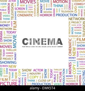 CINEMA. Word cloud illustration. Tag cloud concept collage. Stock Vector