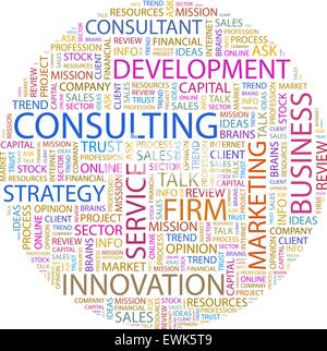 CONSULTING. Word cloud illustration. Tag cloud concept collage. Usable for different business design. Stock Vector