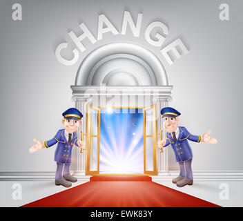 Change Door concept of a doormen holding open a red carpet entrance to change with light streaming through it. Stock Photo