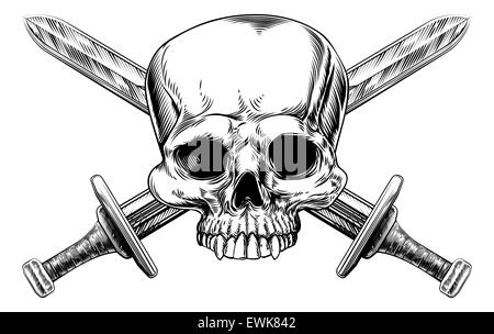 A human skull and crossed swords pirate style sign in a vintage style Stock Photo