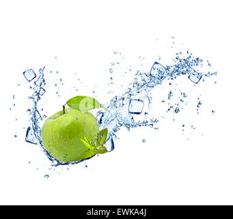 Green apple with water splashes and ice cubes isolated on white background Stock Photo