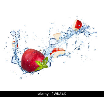Red apples with water splashes and ice cubes isolated on white background Stock Photo