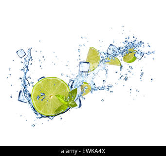 Limes slices in water splashes and ice cubes isolated on white background Stock Photo