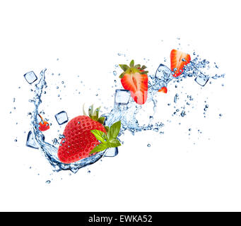 Strawberries in water splashes and ice cubes isolated on white background Stock Photo