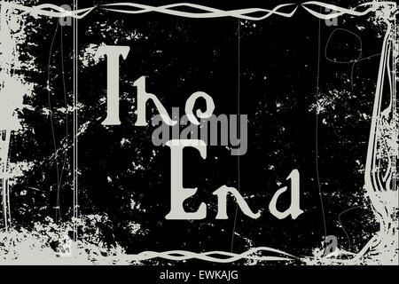 Extreme heavy grunge silent movie frame with text the end Stock Photo