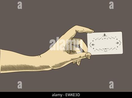 Hand holding business, credit card. Concept illustration in retro drawing style Stock Vector