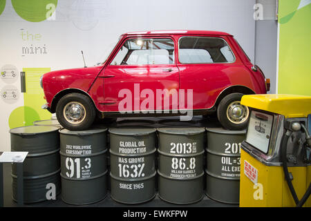 A vintage red mini car on display at Coventry Transport Museum Stock Photo