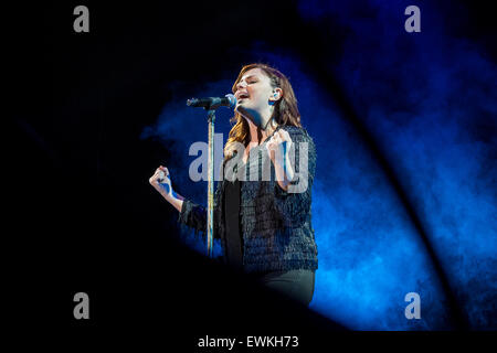 Grugliasco, Italy. 27th July, 2015.  Italian singer Annalisa pictured trough a speaker during live performance Credit:  Edoardo Nicolino/Alamy Live News Stock Photo