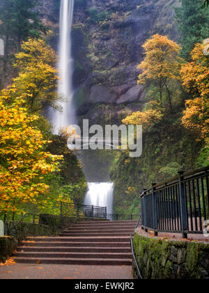 Multnomah Falls with steps and fall color. Columbia River Gorge National Scenic Area, Oregon Stock Photo