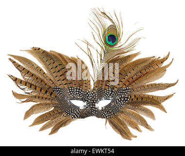 carnival mask with peacock feathers isolated on the white background. Stock Photo