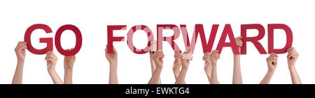 People Hands Holding Red Straight Word Go Forward Stock Photo