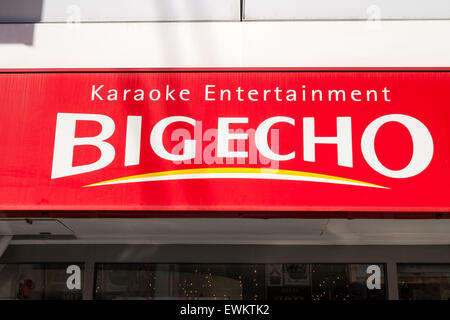 Japan, Osaka. Karaoke bar sign, Big Echo, white letters on red background Stock Photo