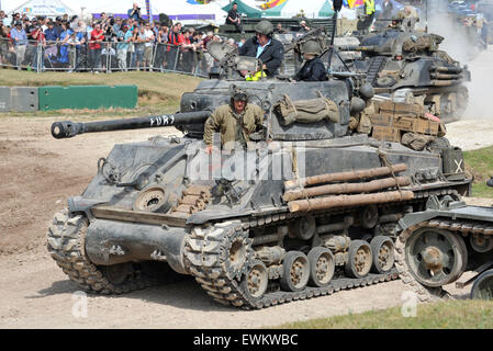 The Sherman Tank used by Brad Pitt in his film Fury was on show.  Tank Fest at Bovington in Dorset.  The two day event showing off armoured military vehicles drew sell-out crowds of over nearly 30,000 over the two days. The museum has the largest collection of working armour in the world from the period of World War I up to the present day and from nations all over the world.   Stock Photo