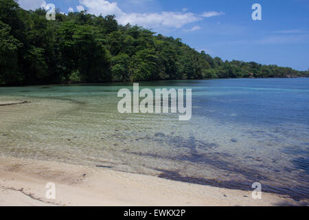 The tropical, tranquil blue water of Wilks Bay, Port Antonio, Jamaica Stock Photo