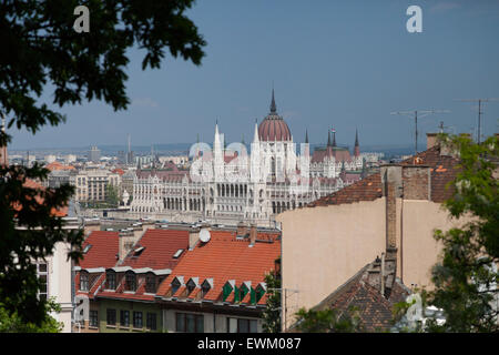 The view of the Hungarian Parliament in Budapest from the Castle Hill district on the Pest side Stock Photo