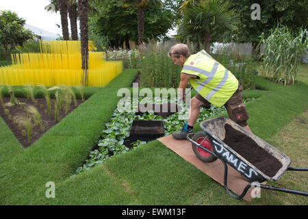 RHS Hampton Court Flower Show 2015, James Hunt constructing The World Vision Garden, Hampton Court, Surrey, England, UK Stock Photo