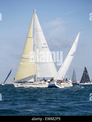 UK. 27th June, 2015. Bavaria 38 'Sarah'  in a close tacking contest during the 2015 Round the Island Race Credit:  Niall Ferguson/Alamy Live News