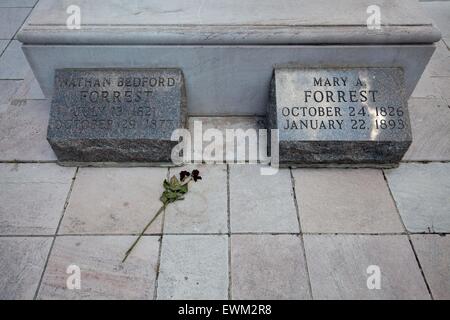 Memphis, Tennessee, USA. 28th June, 2015. The gravesite of Nathan and Mary Forrest rests at the base of the statue of Nathan Bedford Forrest, located at Health Sciences Park in Memphis. Memphis Mayor A.C. Wharton has proposed removing the statue and gravesite amid continued public outcry. © Raffe Lazarian/ZUMA Wire/ZUMAPRESS.com/Alamy Live News Stock Photo