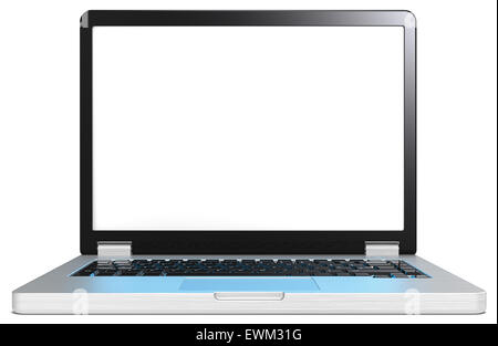 Laptop of brushed steel and black. No branded. Blank screen for copy space. Realistic blue light reflection on keyboard. Stock Photo