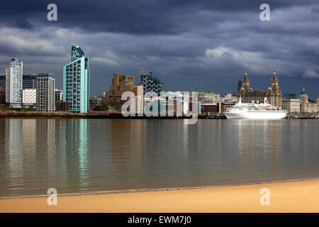 The Royal Liver Building Grade I listed building located in Liverpool, England. Pier Head  Cunard Building and Port of Liverpool Stock Photo