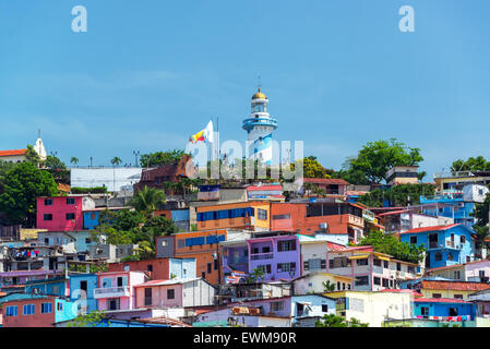 View of Santa Ana hill and the Las Penas neighborhood in Guayaquil, Ecuador with a lighthouse on top Stock Photo