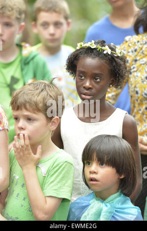 June 28, 2015 - Old Westbury, New York, United States - Lori Belilove & The Isadora Duncan Dance Company give dancing lessons to children, some girls wearing fairy costumes, throughout the gardens of historic Old Westbury Gardens, a Long Island Gold Coast estate, for its Midsummer Night event. (Credit Image: © Ann Parry/ZUMA Wire) Stock Photo