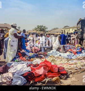 Clothing merchant, Royal Albert market, Banjul, Gambia, West Africa Stock Photo